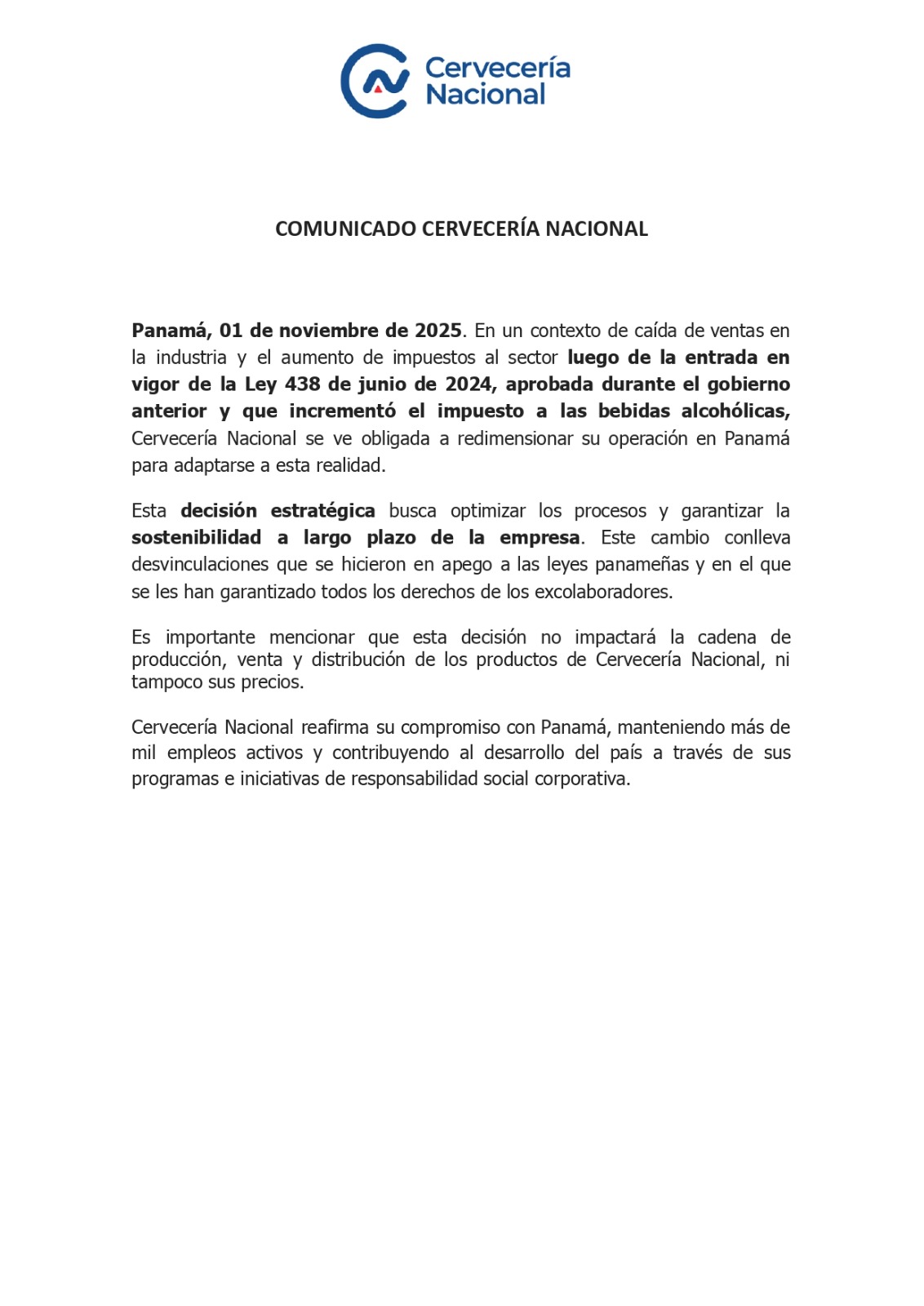 COMUNICADO CERVECERÍA NACIONAL cervecería nacional panamá